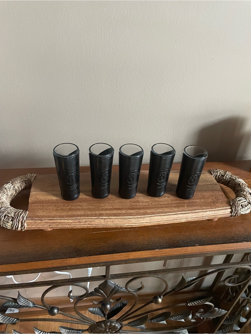 Vintage Mid Century 8 Ball Billiards Leather Shot Glass Glasses Set of 5 Mexico